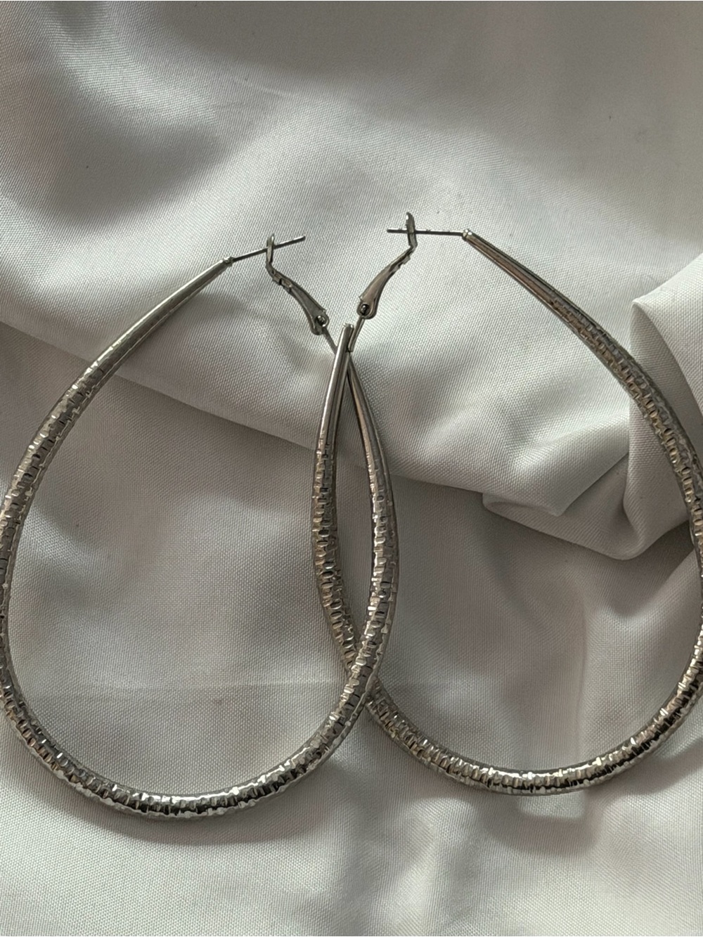 Silver Textured Teardrop Hoop Earrings - Women Jewelry
